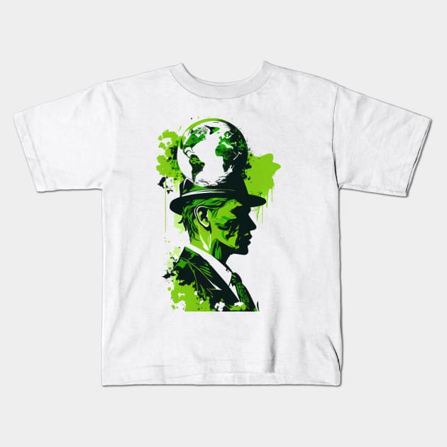 Wear Your Passion for the Planet with Our Abstract White and Green Climate Activist Man Face Portrait Design Kids T-Shirt by Greenbubble